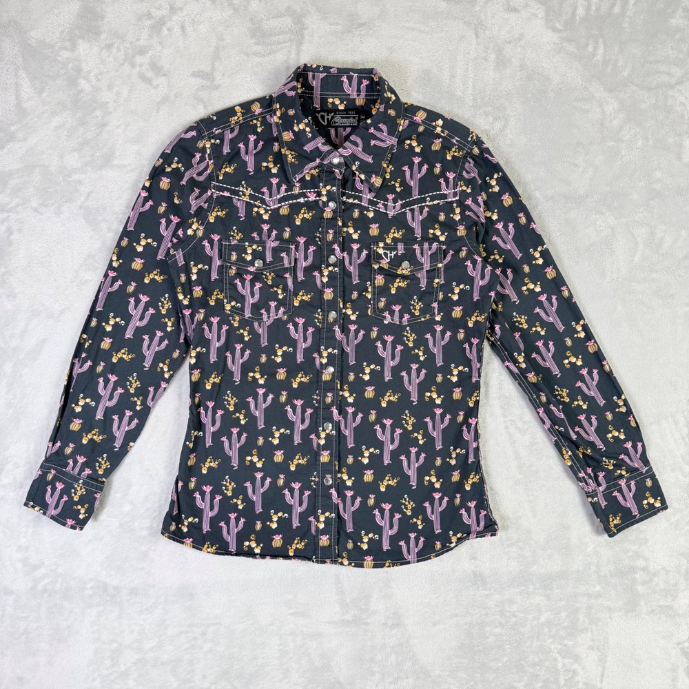 Cowgirl Hardware Western Snap Shirt Womens Small Black Pink Cactus Print Cotton